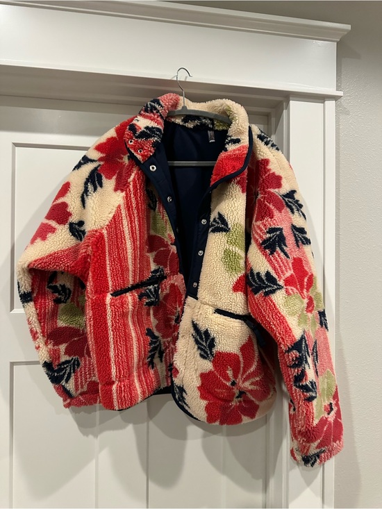 Free People Jackets & Blazers - Free People Cream, Red & Navy Floral Sherpa Jacket